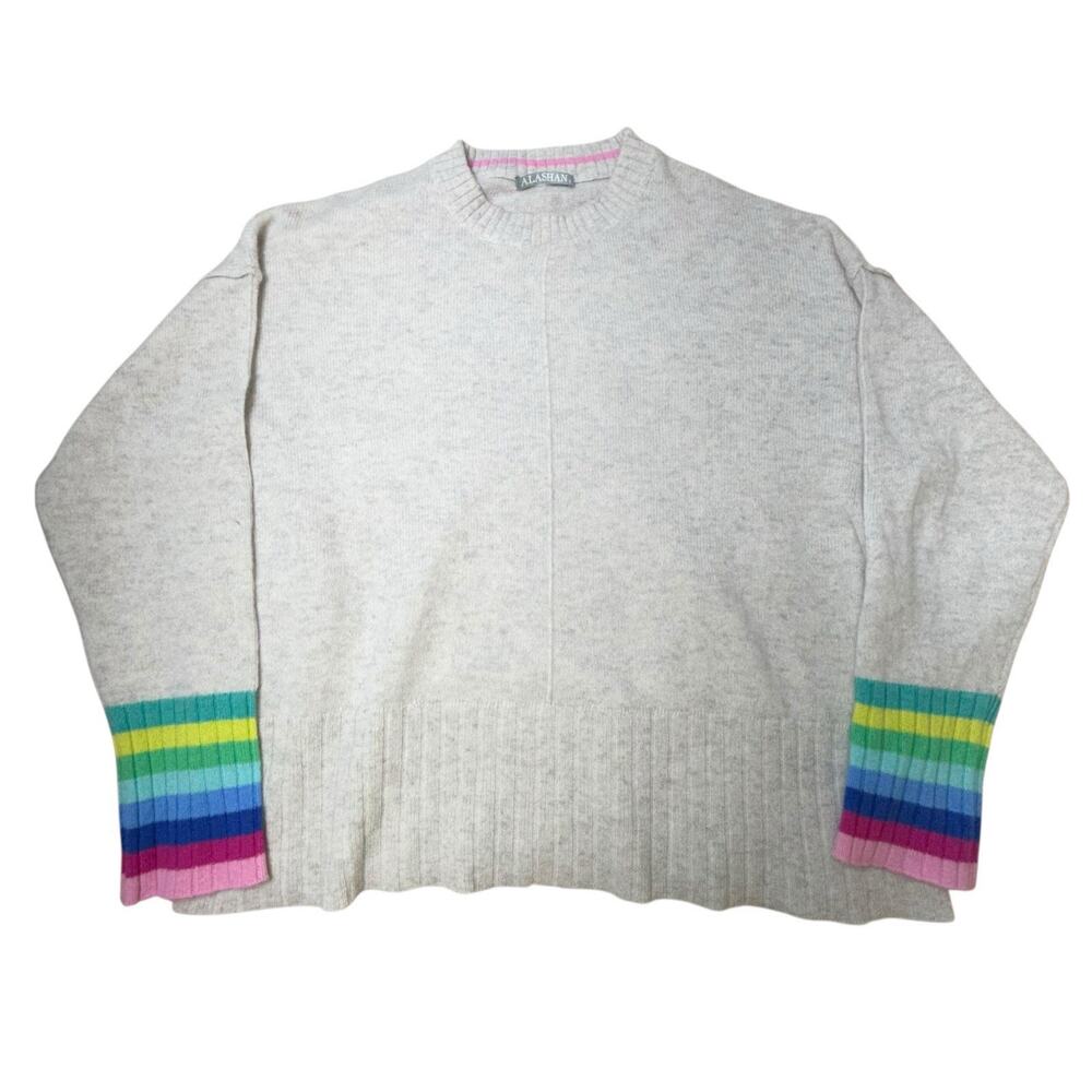 Alashan Multicolor Accent Long Sleeve 100% Cashmere Crew Neck Gray Sweater L‎